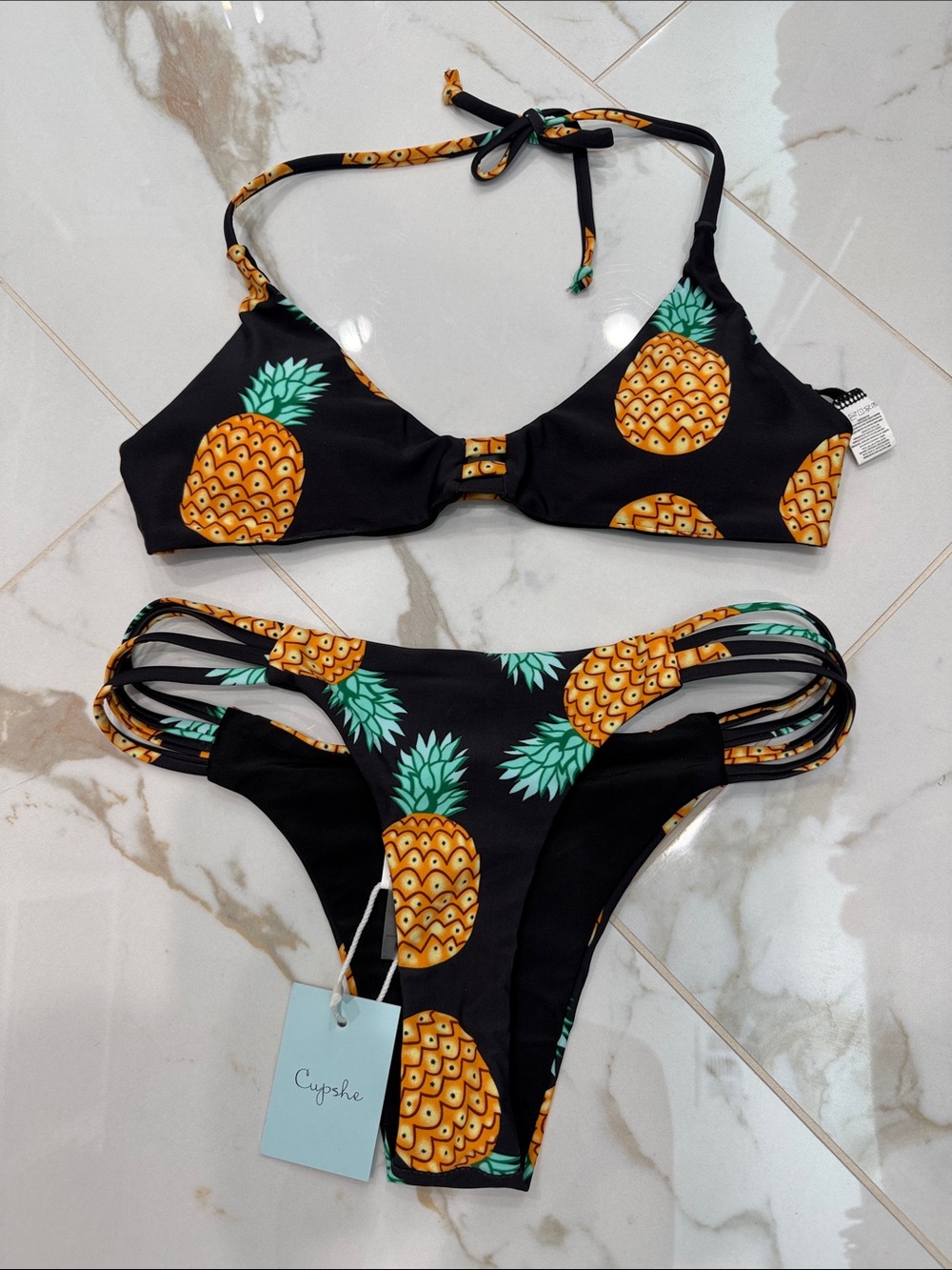 CupShe Black Pineapple Print Bikini Set Medium